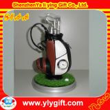 Red and white golf stand bag with clock and green lawn
