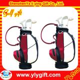 Red and white golf bag with golf pens